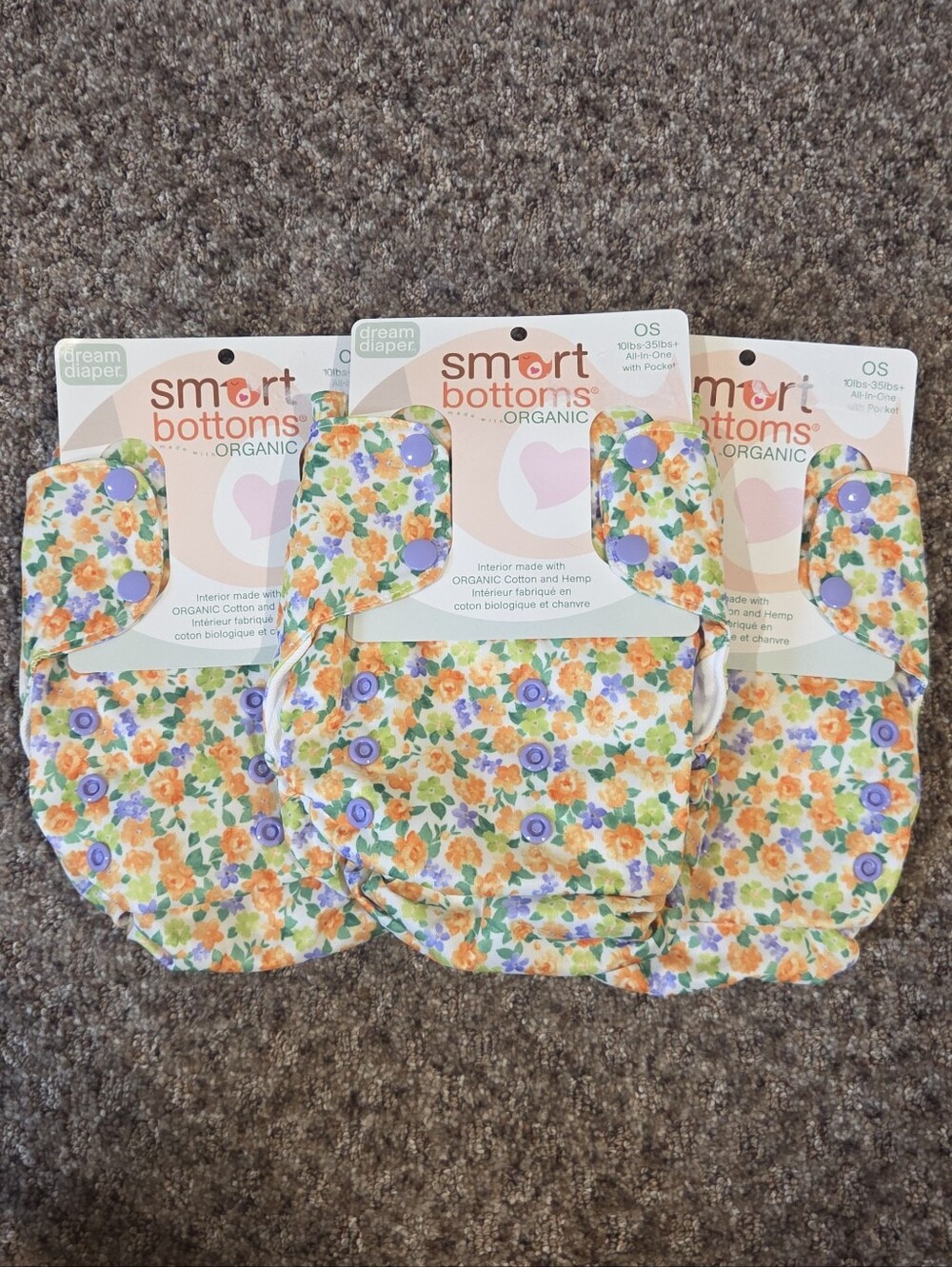 NEW Smart Bottoms Organic Floral Print Cloth Reusable Diaper One Size 10lb-35lb+